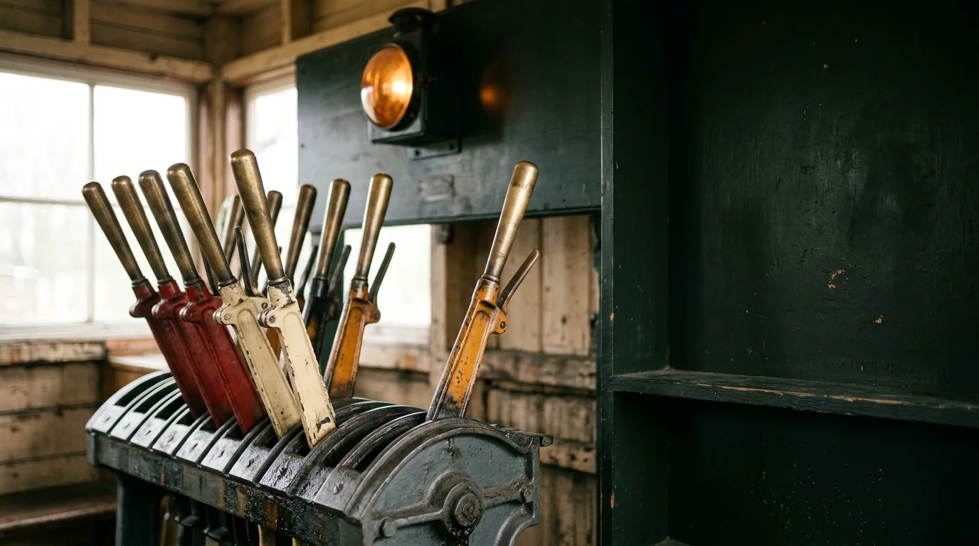 A row of brass levers in a cast-iron frame with one amber lamp lit