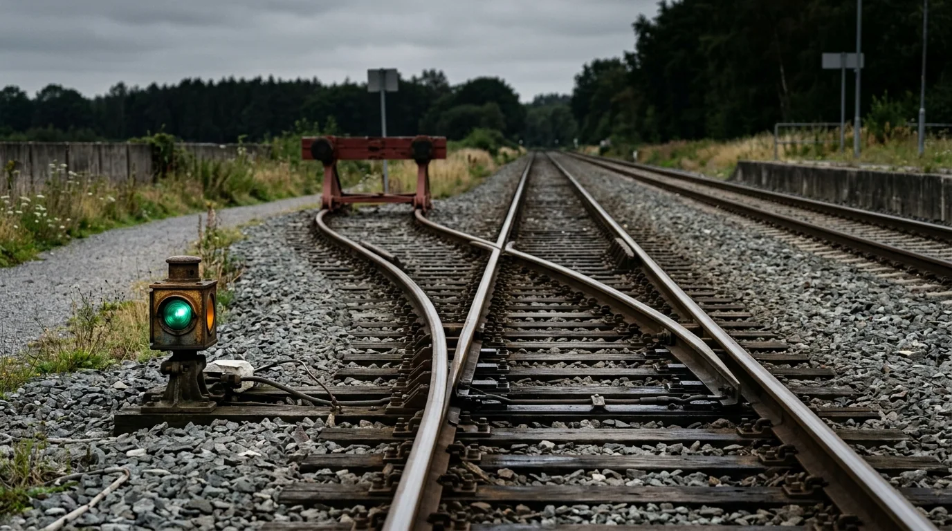 A junction diverging onto a siding with a green ground signal lit