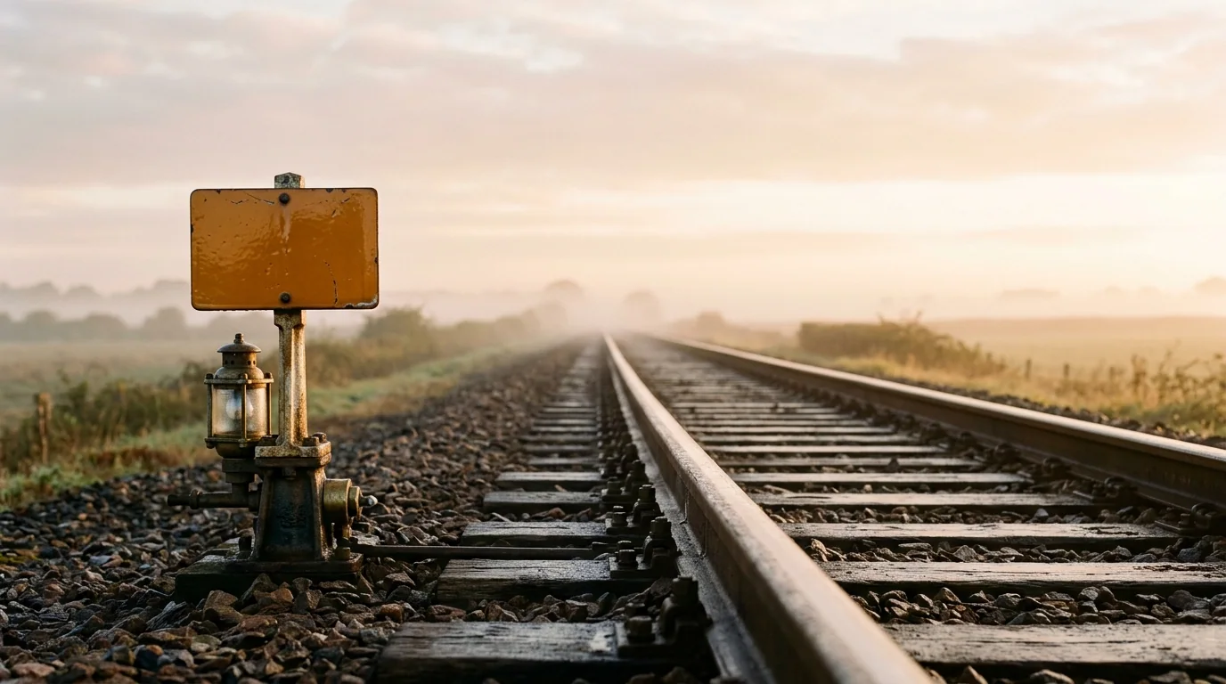 The amber train-stop arm reset upright beside an empty line at dawn