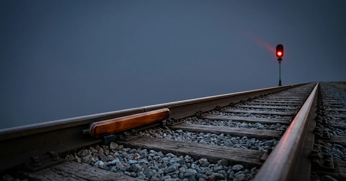 A trip arm a short distance before a red signal at dusk