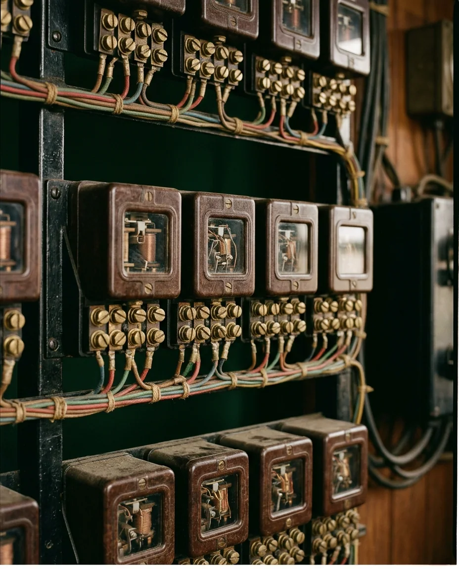 A rack of bakelite relays and brass terminals behind the panel
